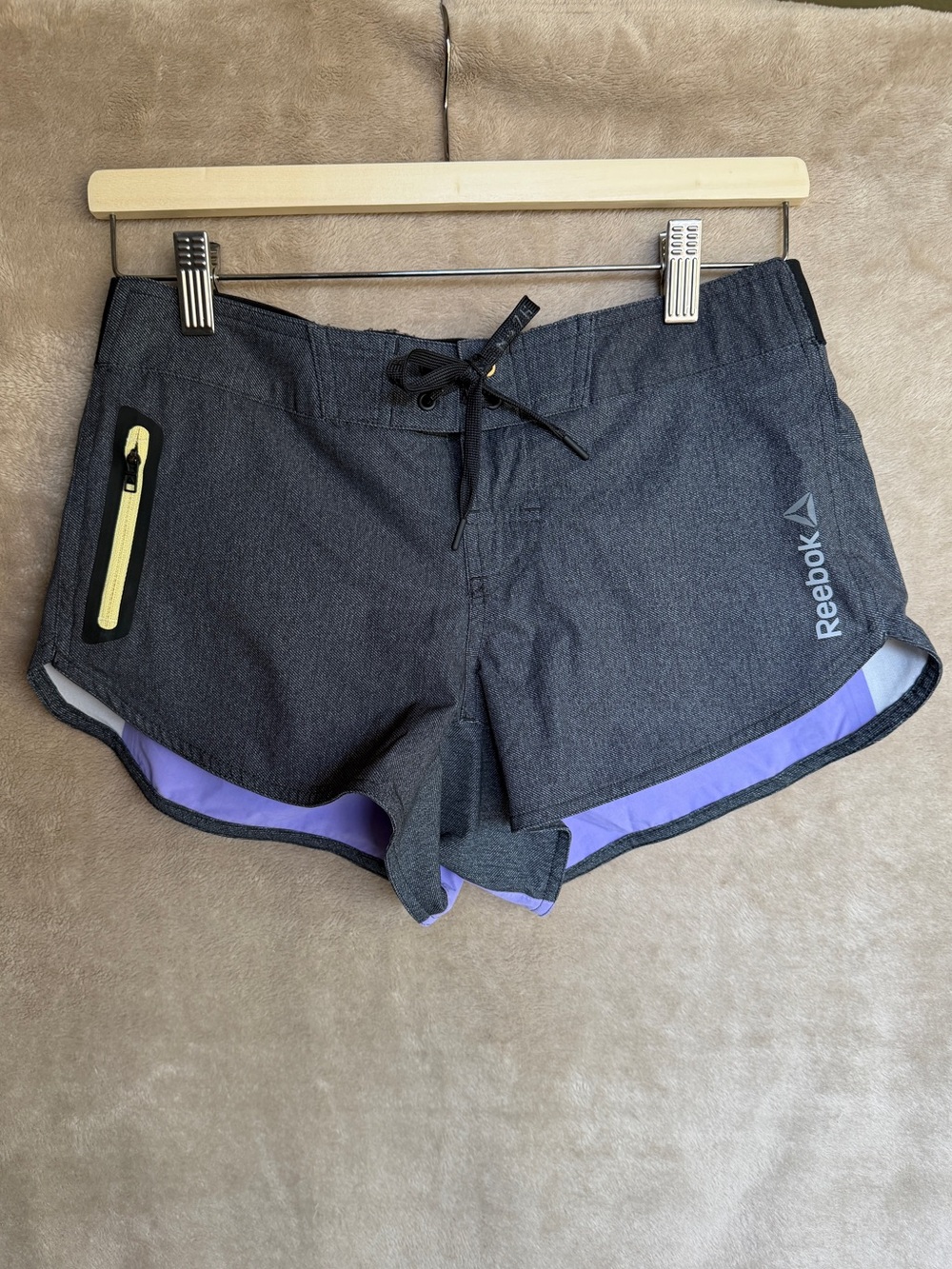 Reebok gray “denim” Athletic Shorts with Purple and Yellow Accents